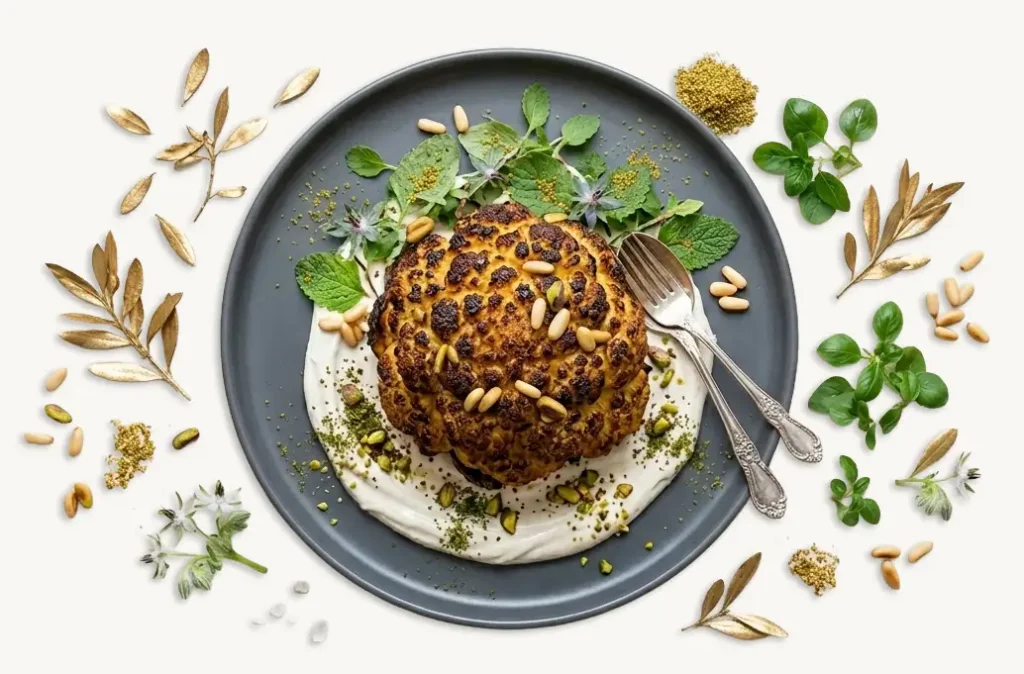 Chou fleur rôti à la sauce tahini et pistaches, signature du restaurant Kaph de Kanaan à Cassis.