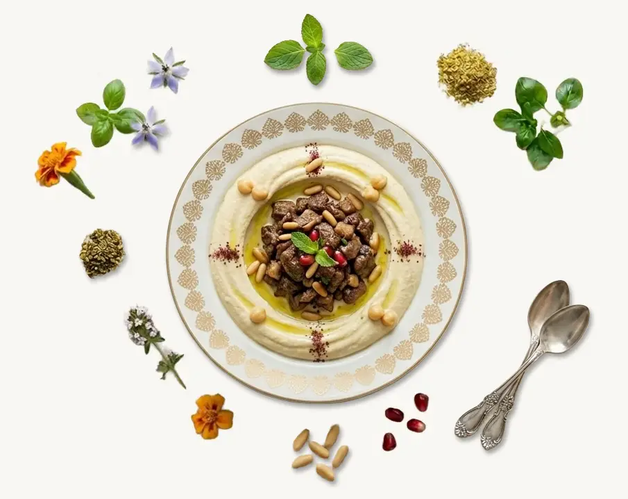 Houmous onctueux avec Shawarma de bœuf grillé au restaurant Kaph de Kanaan à Cassis.