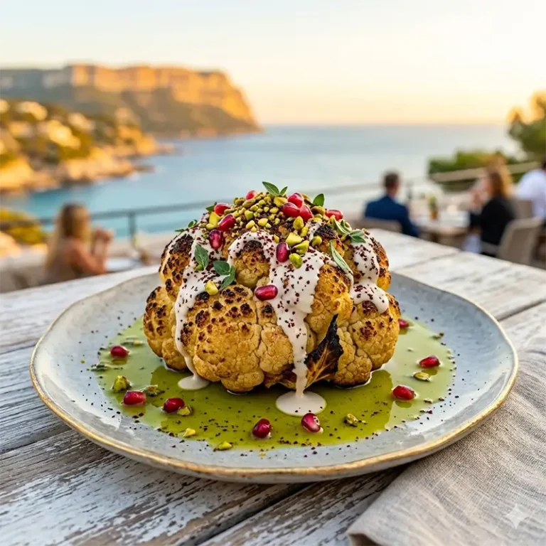 Un chou fleur rôti aux épices du Levant, plat signature servi au restaurant Kaph de Kanaan à Cassis.