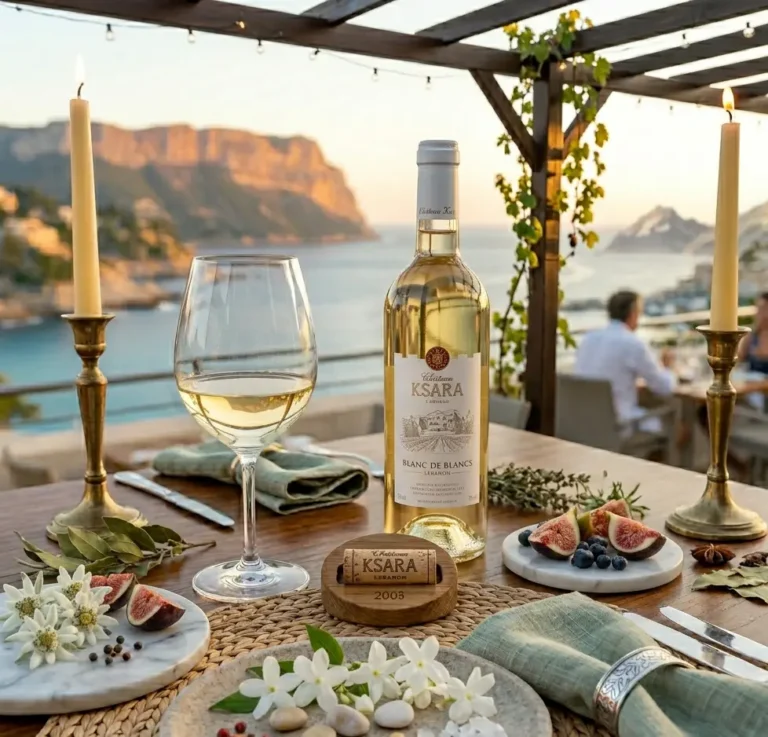Bouteille de Château Ksara Blanc de Blancs servie face à la mer au restaurant Kaph de Kanaan à Cassis.