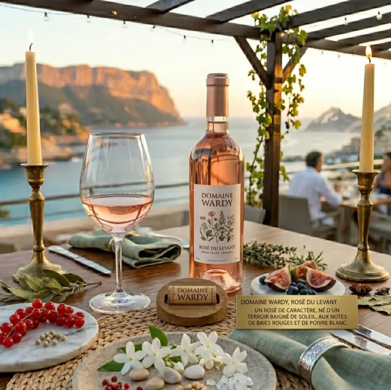 Rosé du Levant du Domaine Wardy sur une table élégante au restaurant Kaph de Kanaan à Cassis.