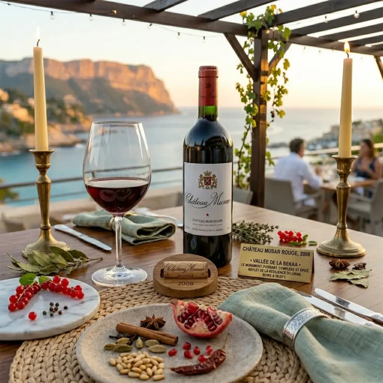 Verre de Château Musar rouge, un vin libanais de prestige au restaurant Kaph de Kanaan à Cassis.