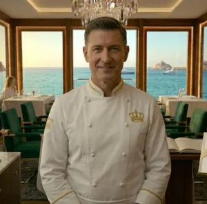 Chef Michel Ducas​, Manager du restaurant Kaph de Kanaan, souriant dans la salle de réception avec vue sur la mer à Cassis.