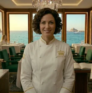 Chef Pâtissière Sarah Pötter posant fièrement devant les baies vitrées du restaurant Kaph de Kanaan à Cassis.